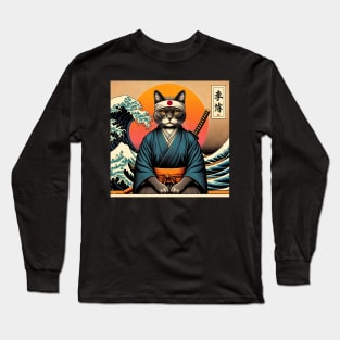 Vaporwave Samurai Cat Great Wave Off Kanagawa Long Sleeve T-Shirt